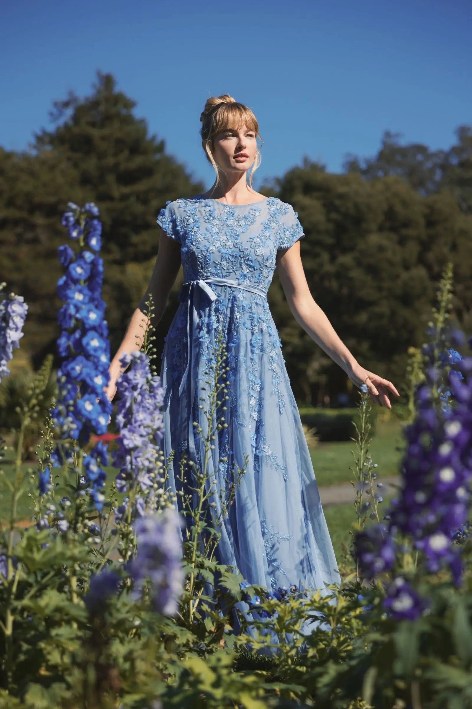 Mac Duggal - Floral Embellished Cap Sleeve Gown in Sky Blue