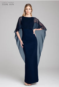 TERI JON - Scuba Gown with Chiffon Cape in Navy
