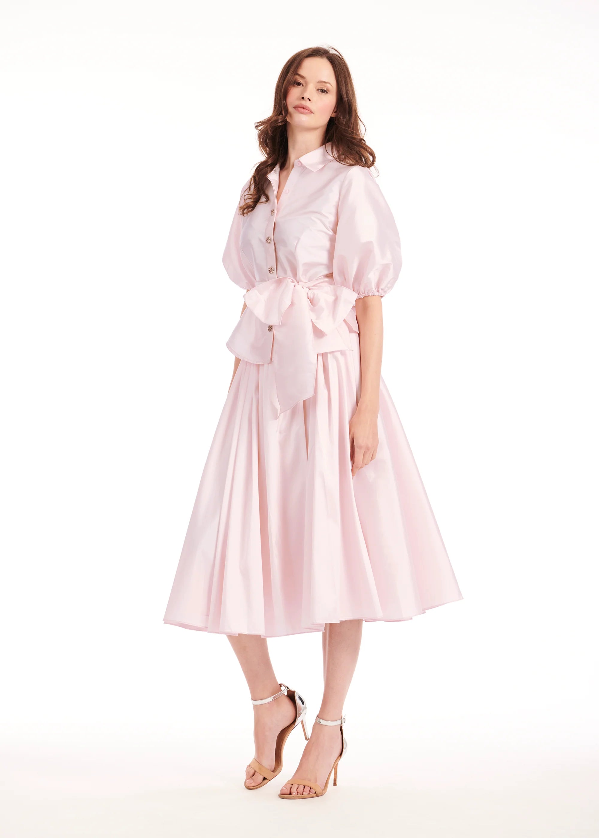 Emily Shalant - Tea Length Pleated Soft Taffeta Skirt in Blush