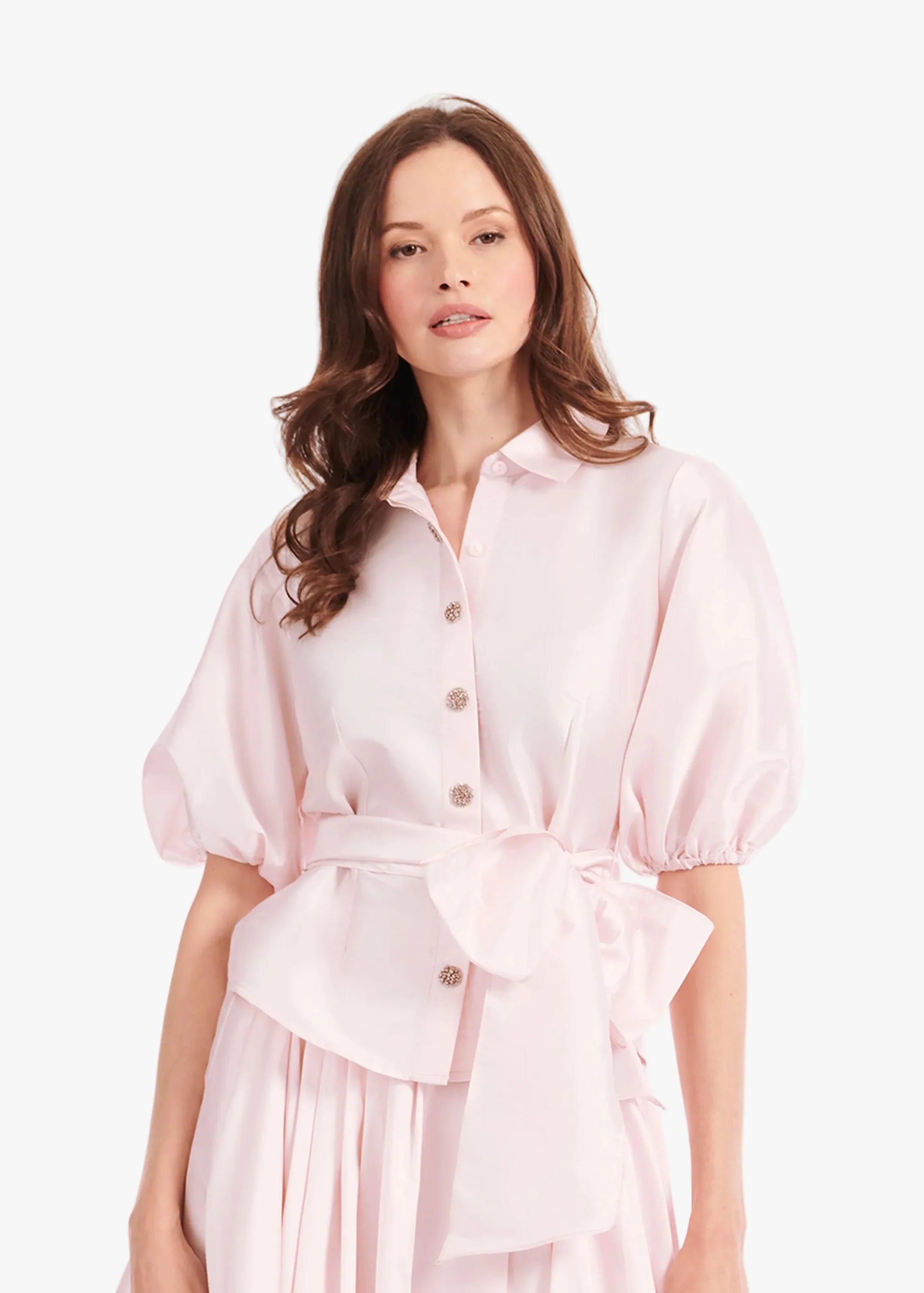 Emily Shalant - Taffeta Puff Sleeve Blouse in Blush