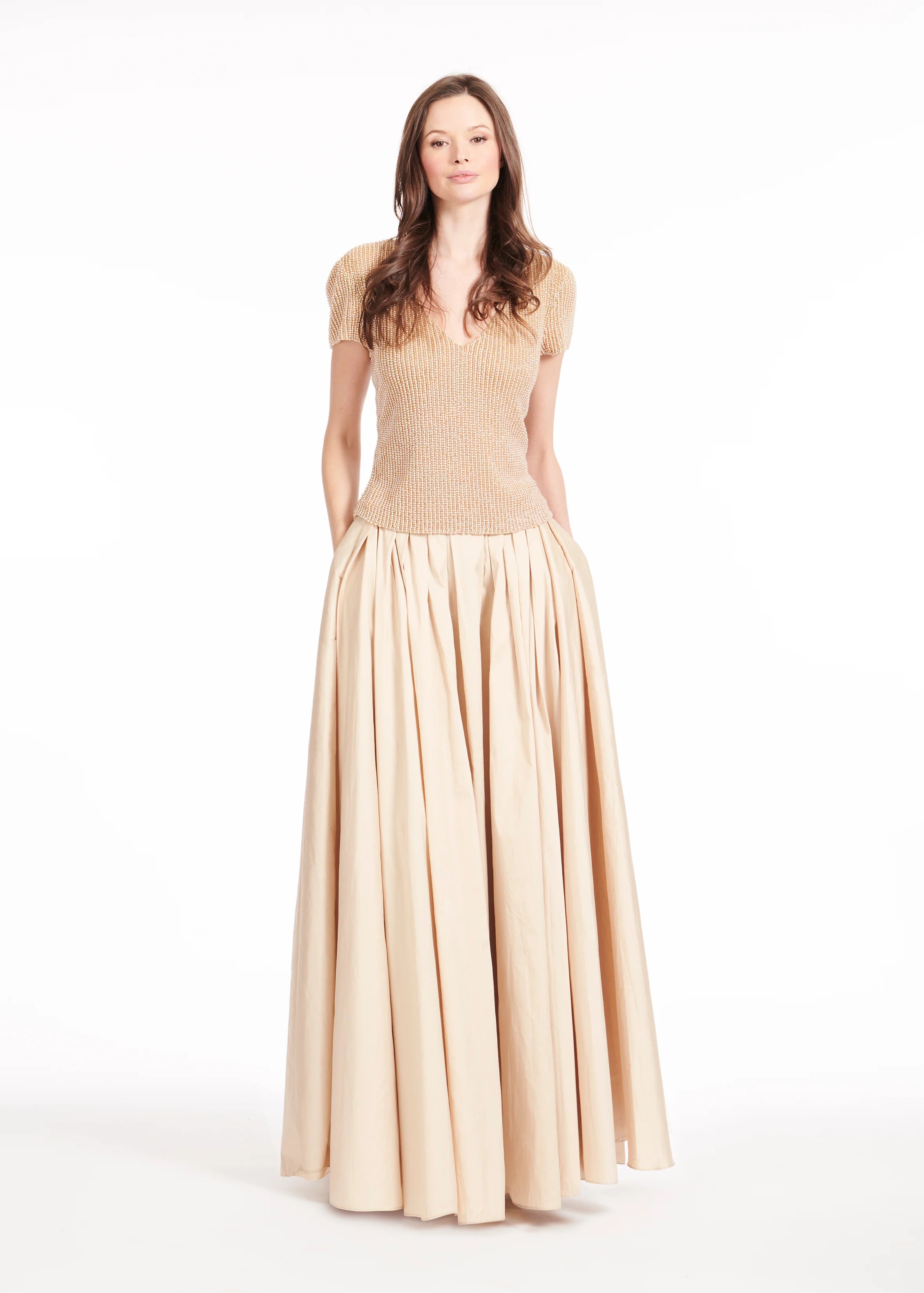Emily Shalant - Beaded V-Neck Top in Champagne