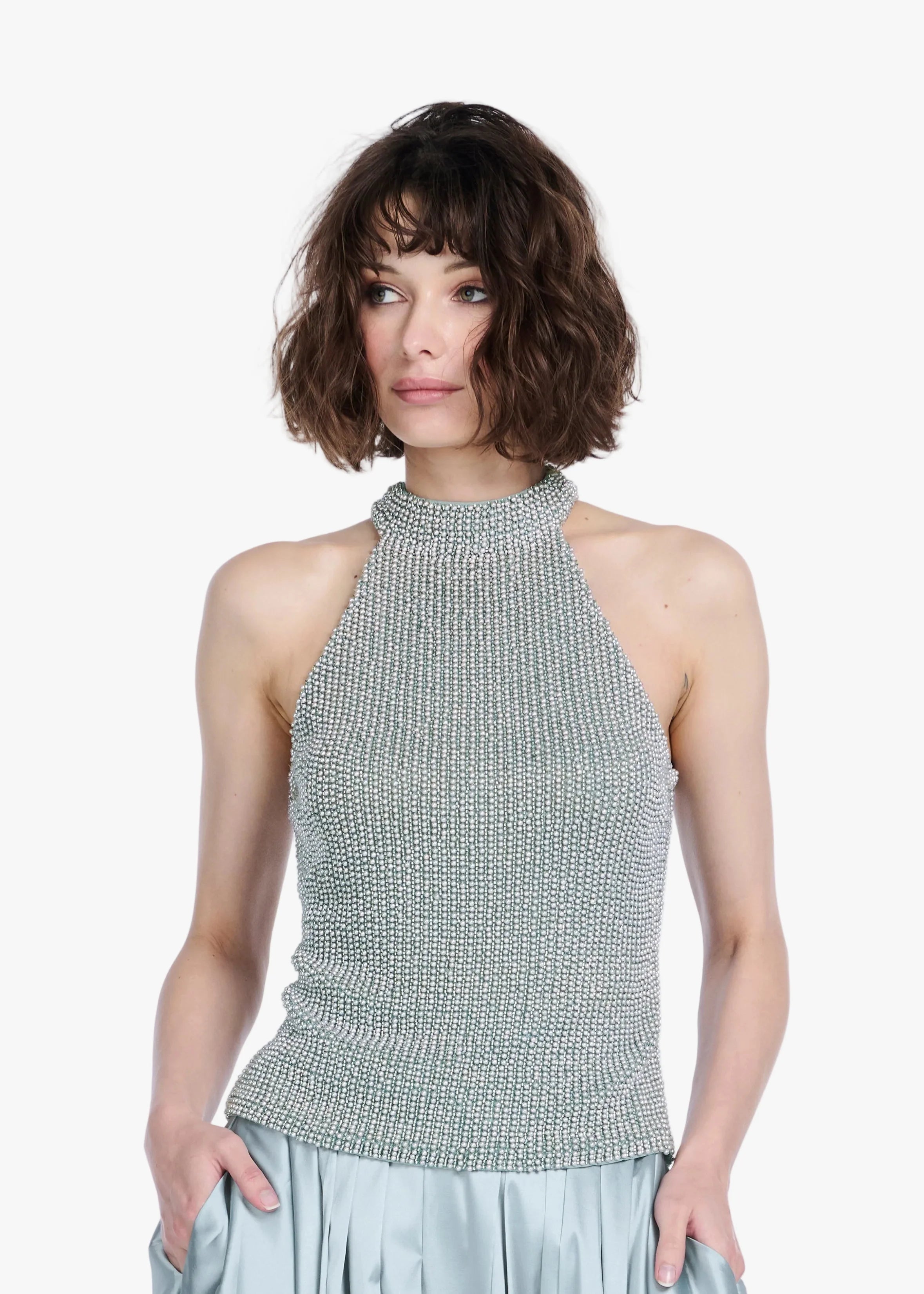 Emily Shalant - Pearl Encrusted Top in Light Blue