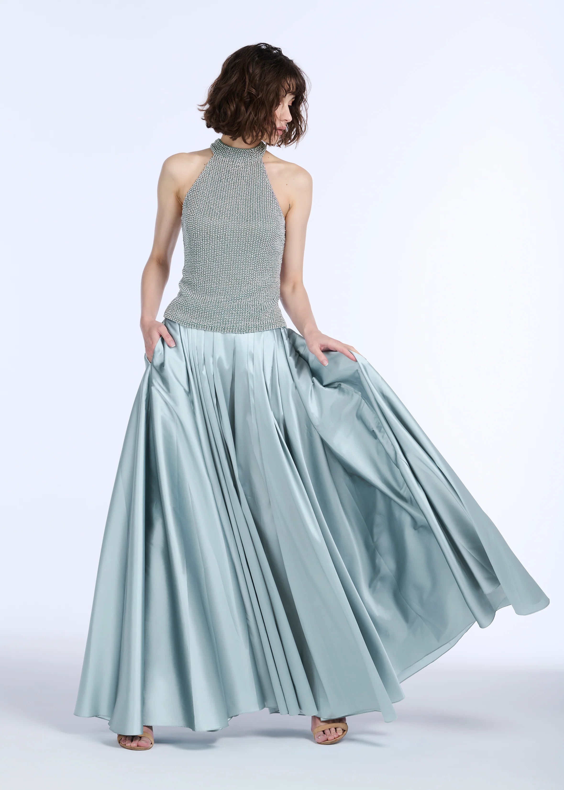 Emily Shalant - Pearl Encrusted Top in Light Blue