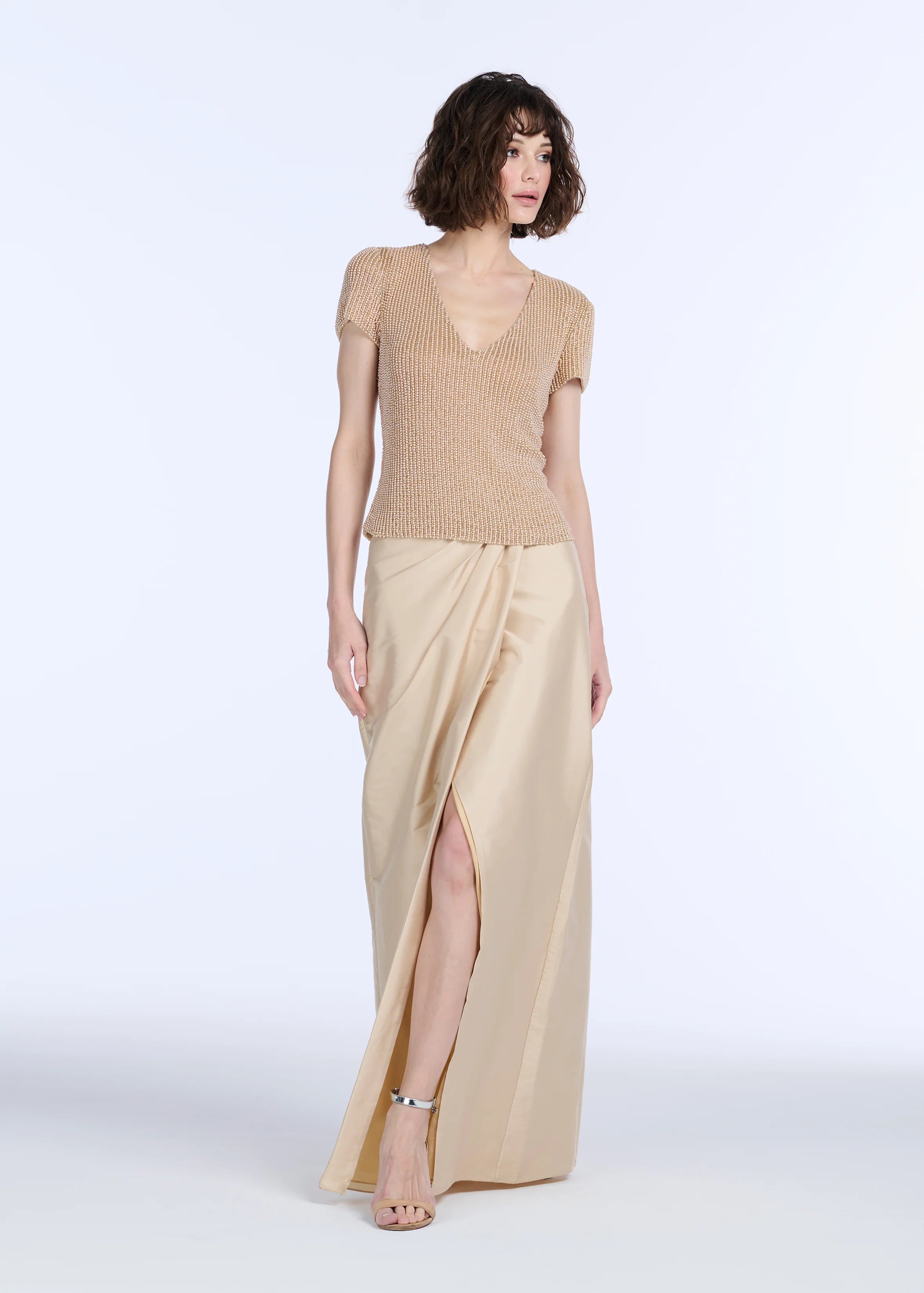 Emily Shalant - Beaded V-Neck Top in Champagne