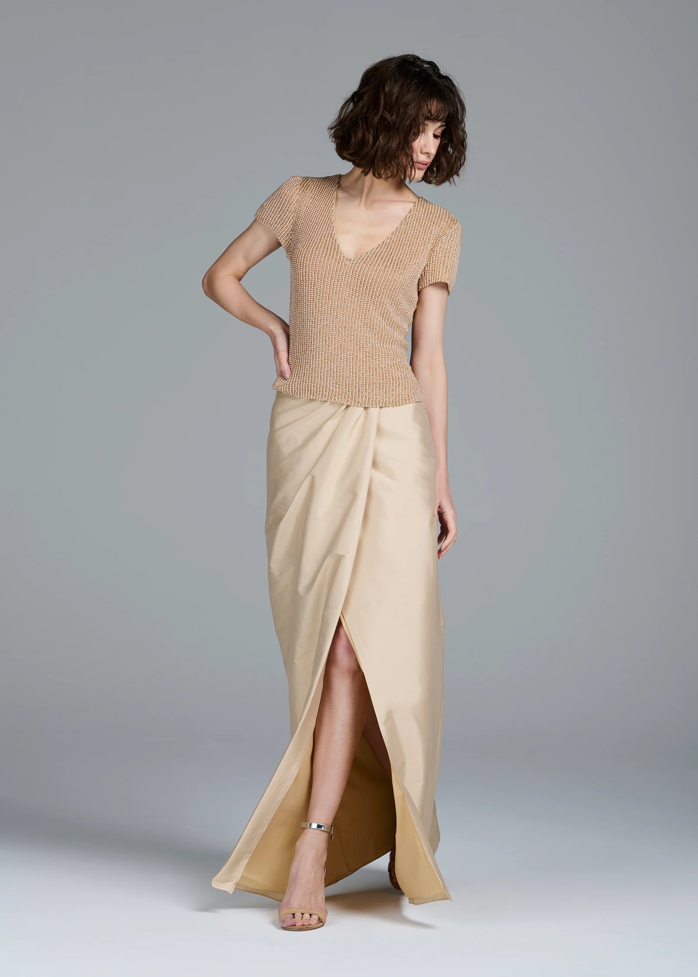 Emily Shalant - Beaded V-Neck Top in Champagne