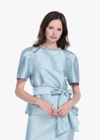 Emily Shalant - Bell Sleeve Rhinestone Trim Top in Light Blue