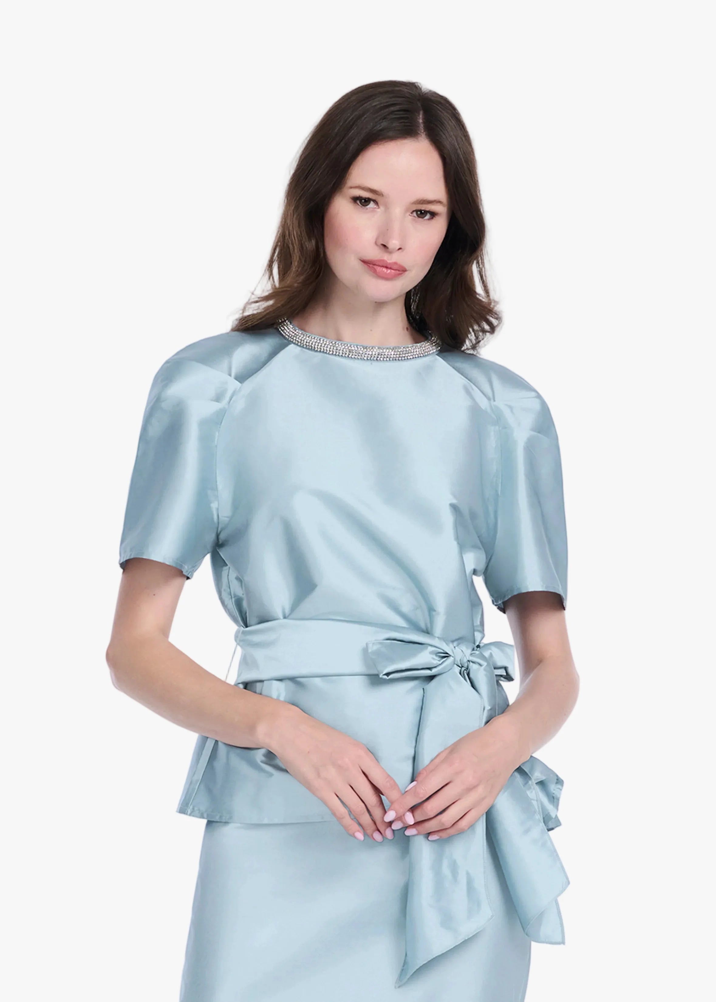 Emily Shalant - Bell Sleeve Rhinestone Trim Top in Light Blue