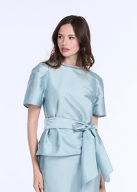 Emily Shalant - Bell Sleeve Rhinestone Trim Top in Light Blue