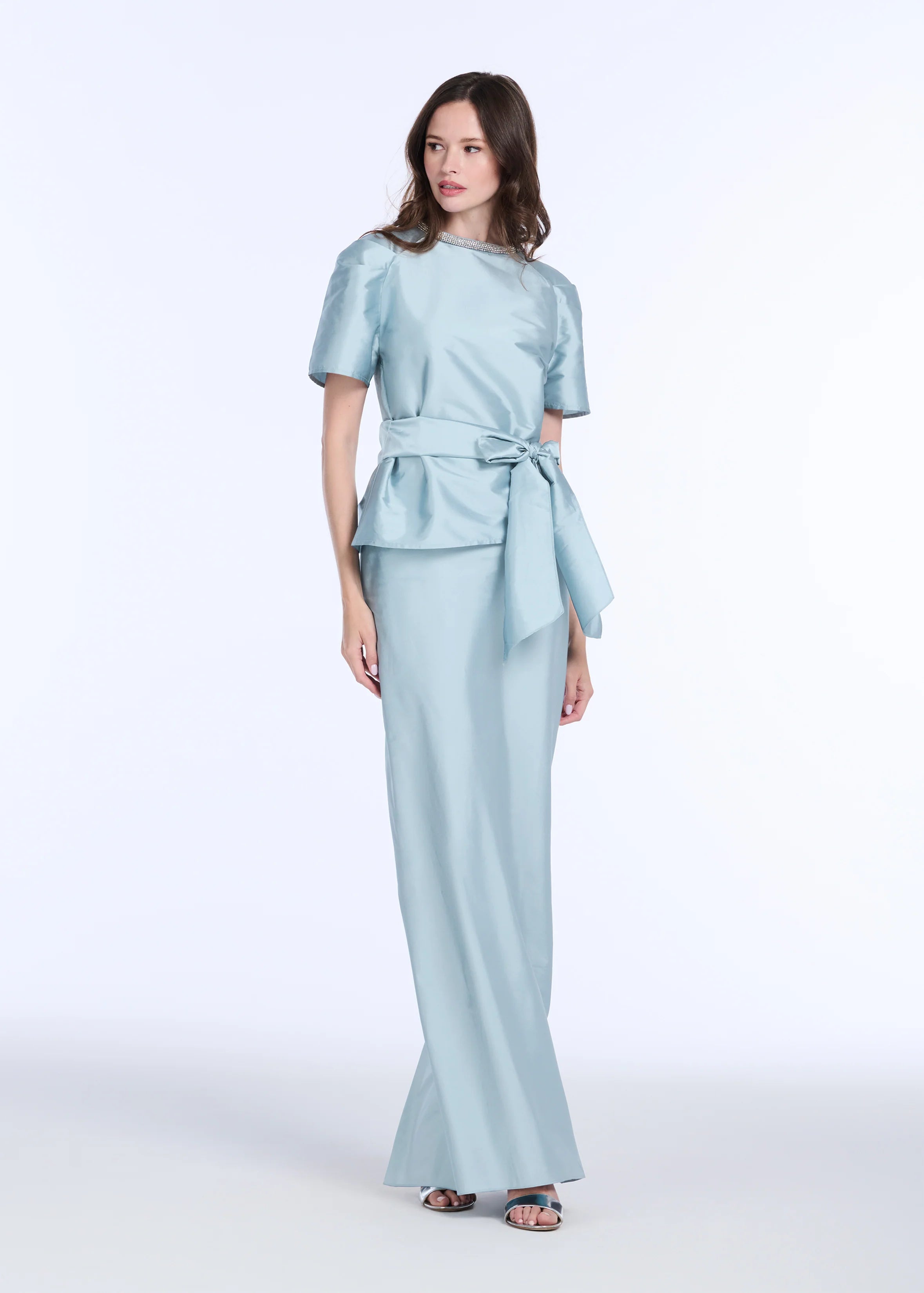 Emily Shalant - Bell Sleeve Rhinestone Trim Top in Light Blue