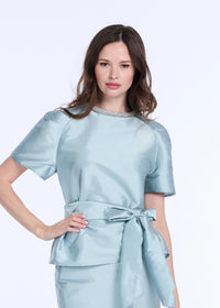 Emily Shalant - Bell Sleeve Rhinestone Trim Top in Light Blue