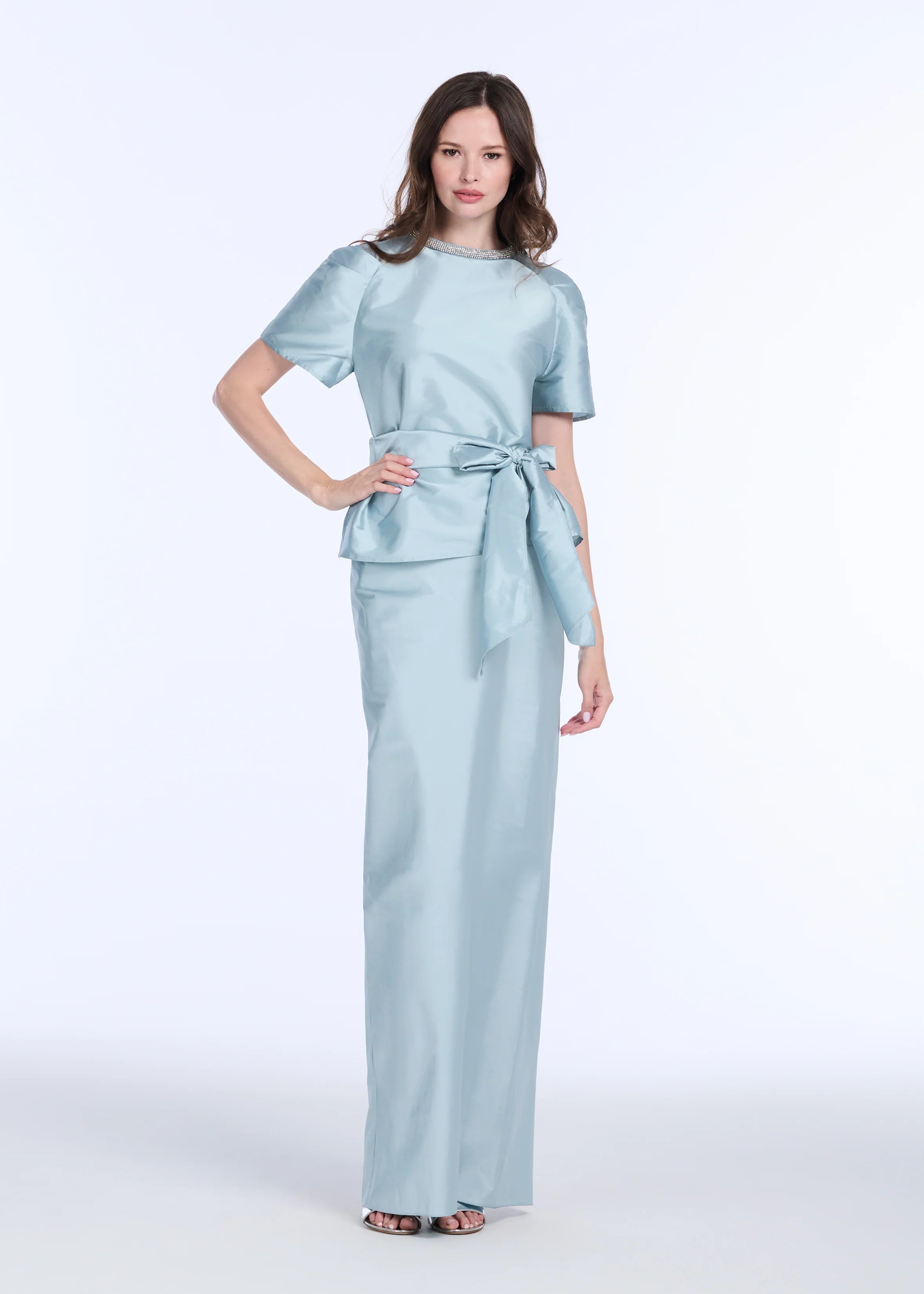 Emily Shalant - Bell Sleeve Rhinestone Trim Top in Light Blue