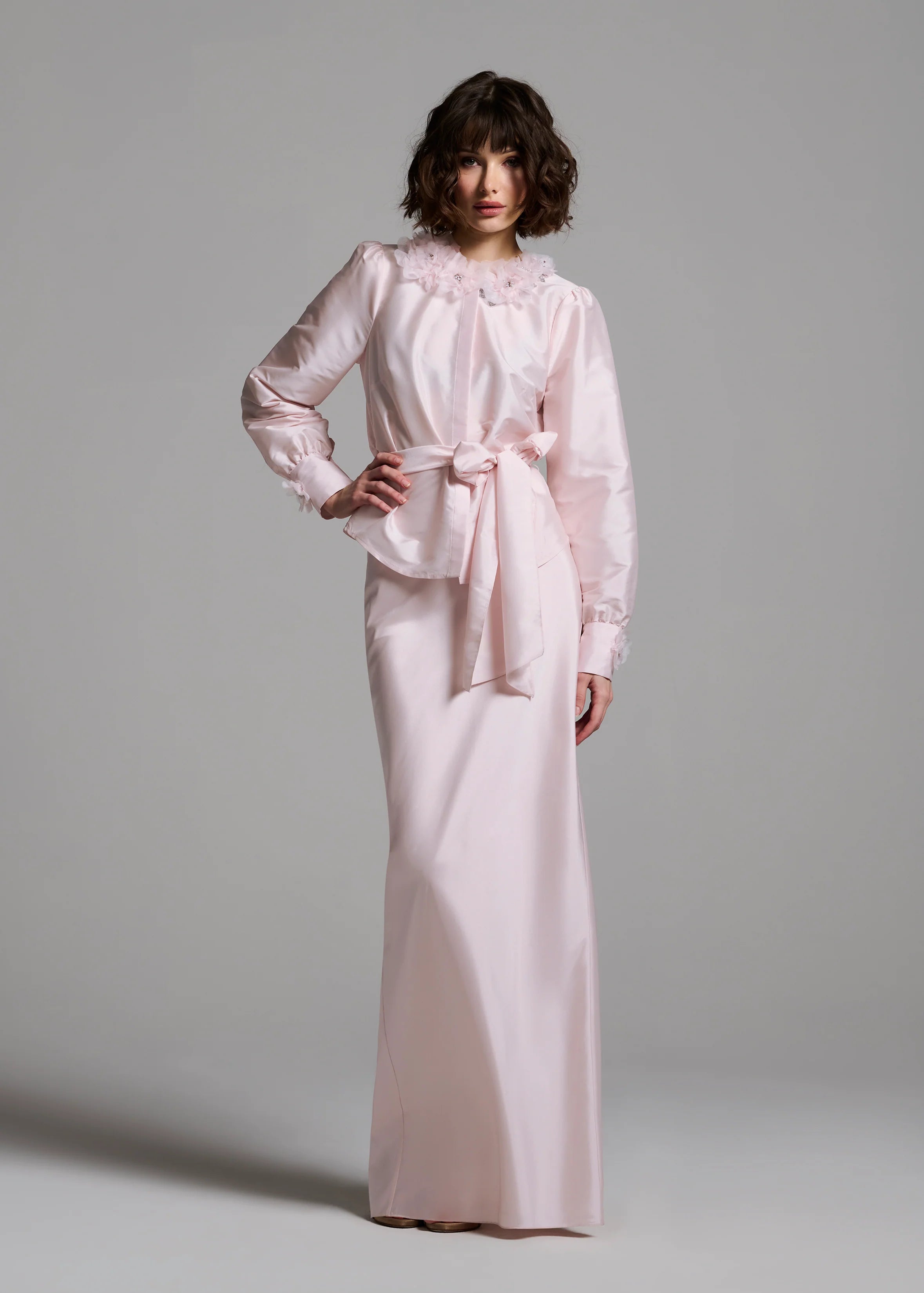 Emily Shalant - Floral Collar Taffeta Blouse in Blush