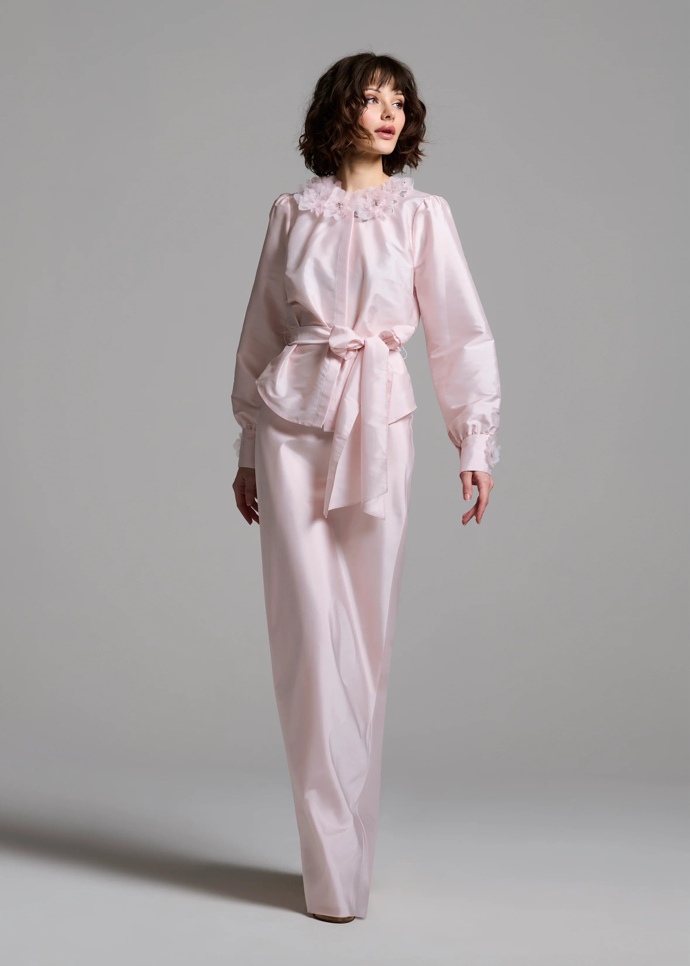 Emily Shalant - Floral Collar Taffeta Blouse in Blush