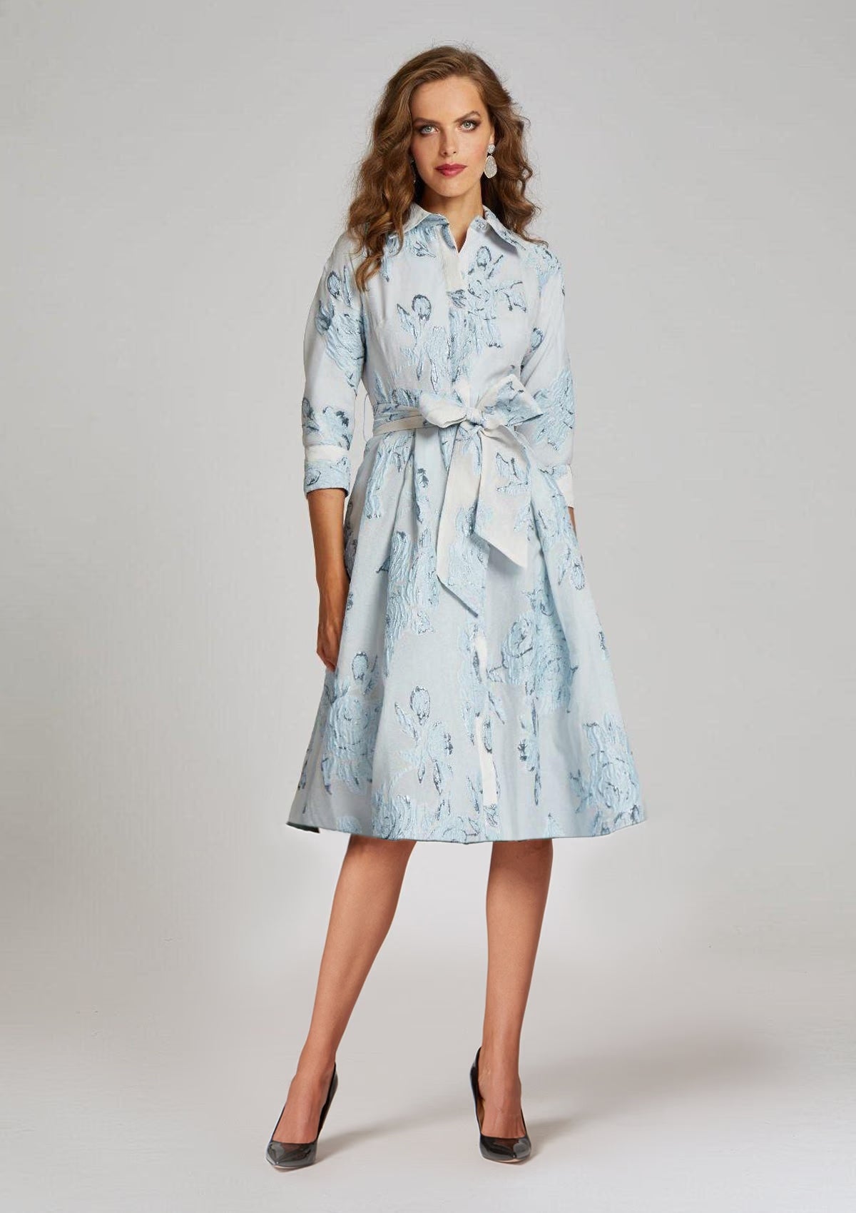 TERI JON - Metallic Jacquard Shirt Dress in Powder Blue