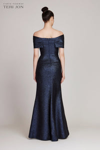 TERI JON - Metallic Off Shoulder Twist Gown in Sapphire