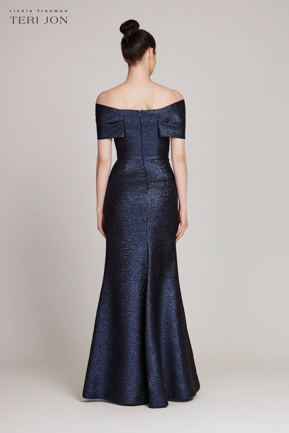 TERI JON - Metallic Off Shoulder Twist Gown in Sapphire