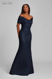 TERI JON - Metallic Off Shoulder Twist Gown in Sapphire