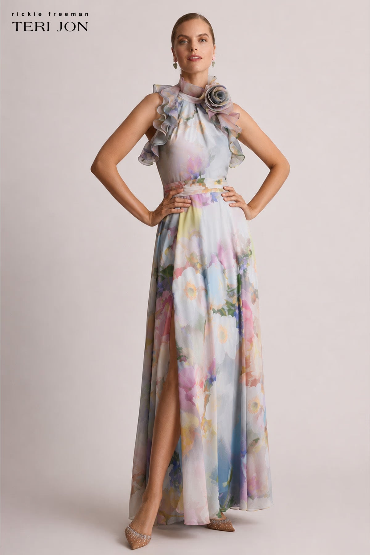 TERI JON - Chiffon Watercolour Organza Halter Gown in Light Blue Multi