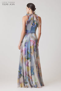 TERI JON - Chiffon Watercolour Organza Halter Gown in Light Blue Multi
