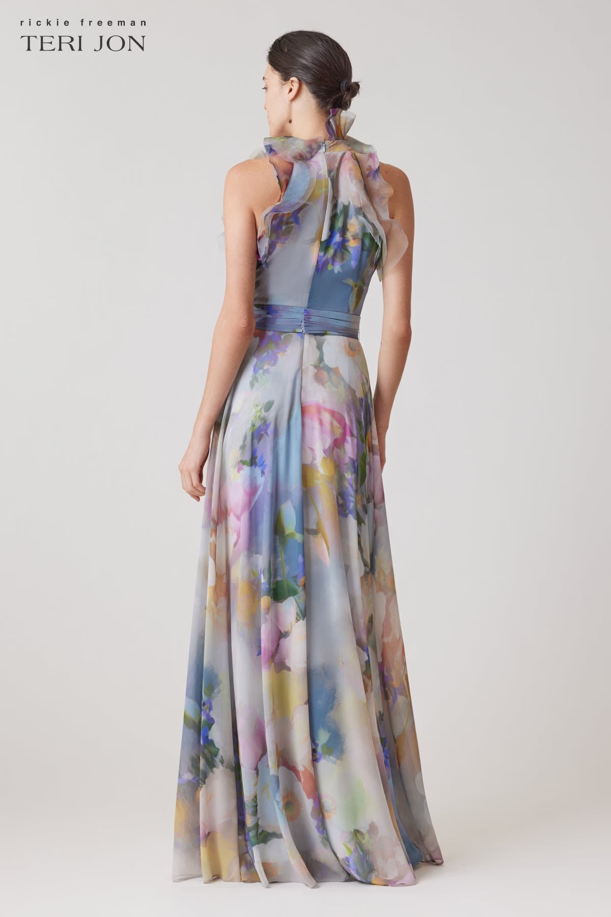 TERI JON - Chiffon Watercolour Organza Halter Gown in Light Blue Multi