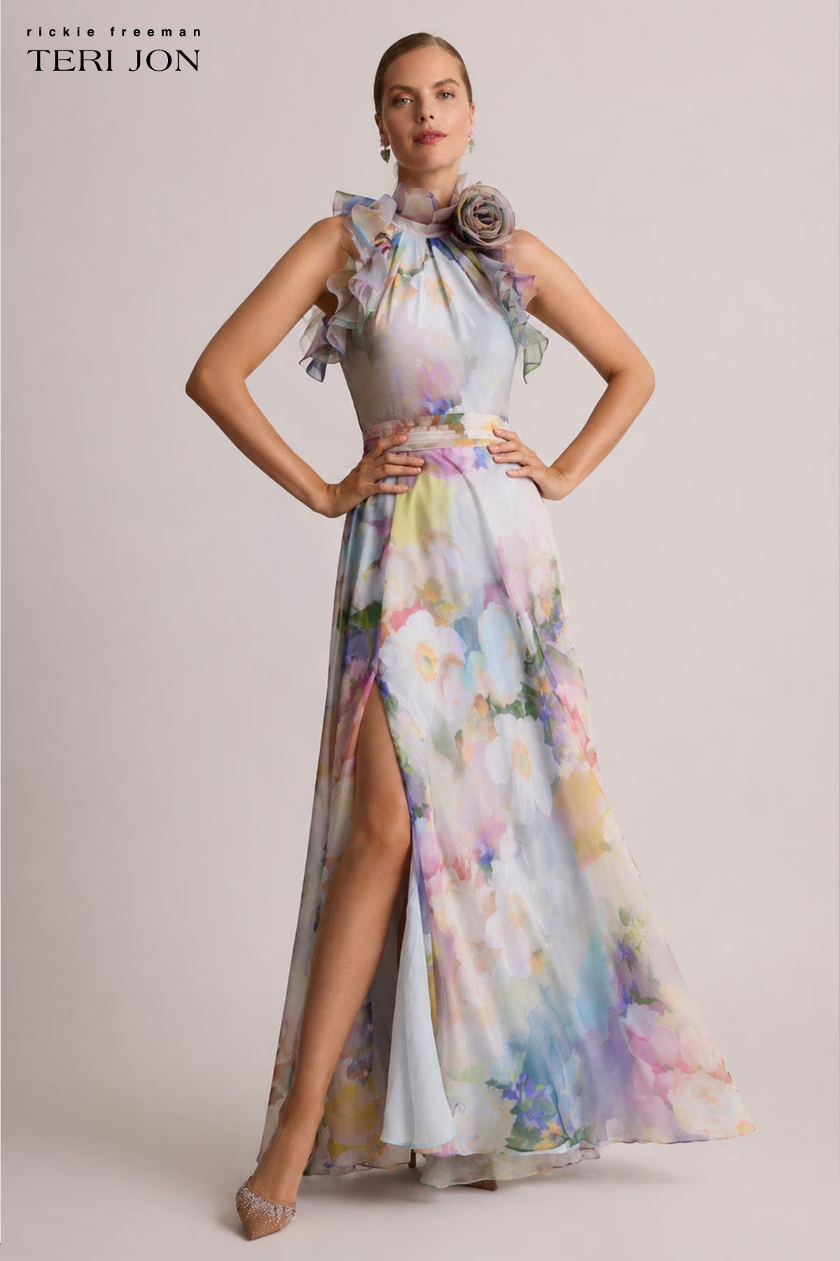 TERI JON - Chiffon Watercolour Organza Halter Gown in Light Blue Multi