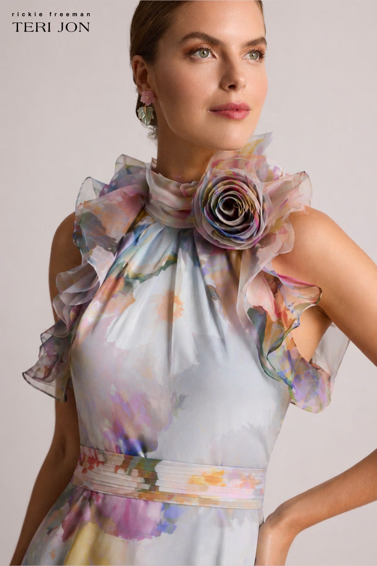 TERI JON - Chiffon Watercolour Organza Halter Gown in Light Blue Multi
