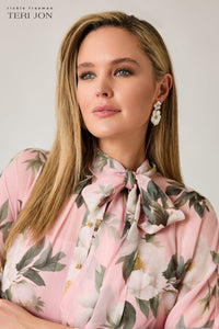 TERI JON - Chiffon Floral Printed Tie Neck Gown in Blush Multi