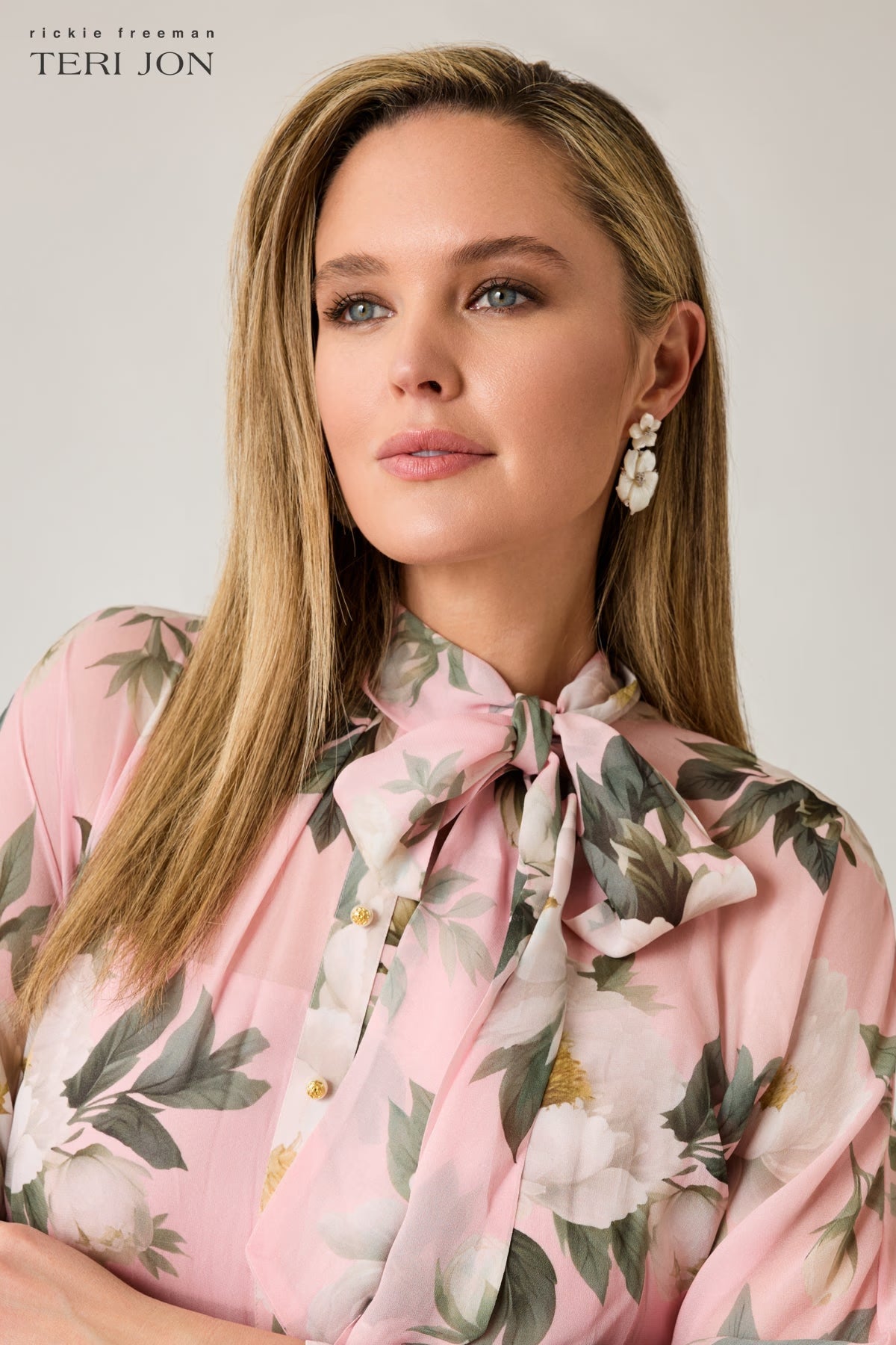 TERI JON - Chiffon Floral Printed Tie Neck Gown in Blush Multi