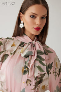TERI JON - Chiffon Floral Printed Tie Neck Gown in Blush Multi