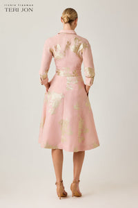 TERI JON - Metallic Floral Jacquard Shirt Dress in Pink Gold