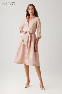 TERI JON - Metallic Floral Jacquard Shirt Dress in Pink Gold