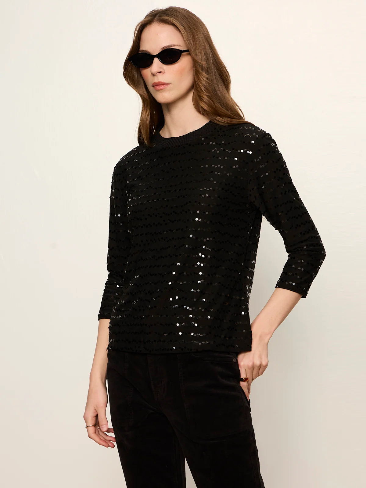 Sanctuary - 3/4 Sleeve Sequin Mode Tee in Black