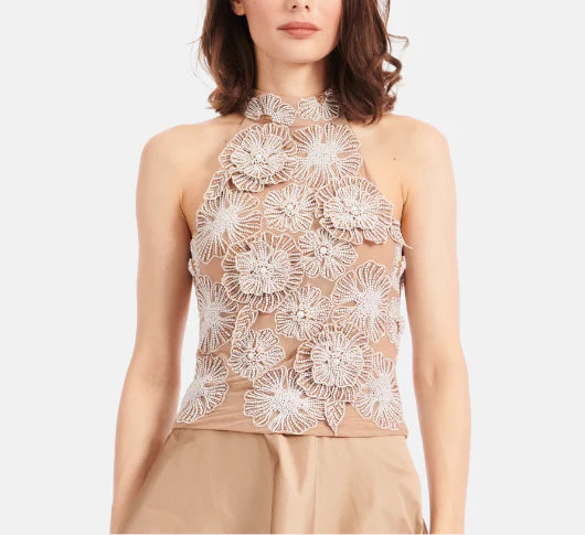 Emily Shalant - 3D Flower Mockneck Top in Suntan