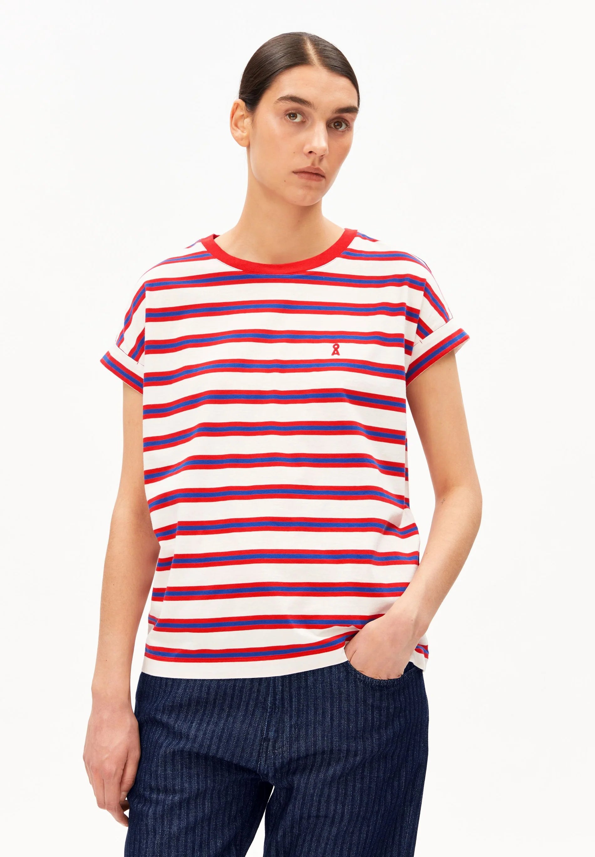 ArmedAngels - Idaara Stripes T-Shirt in Light Oatmilk-Mars Red-Dynamo Blue