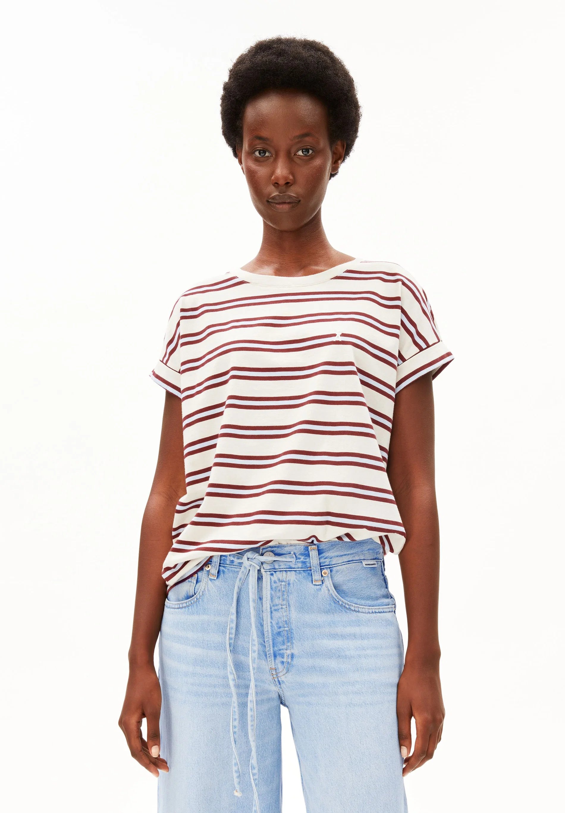 ArmedAngels - Idaara Stripe T-Shirt in Velvet Red/Soft Blue