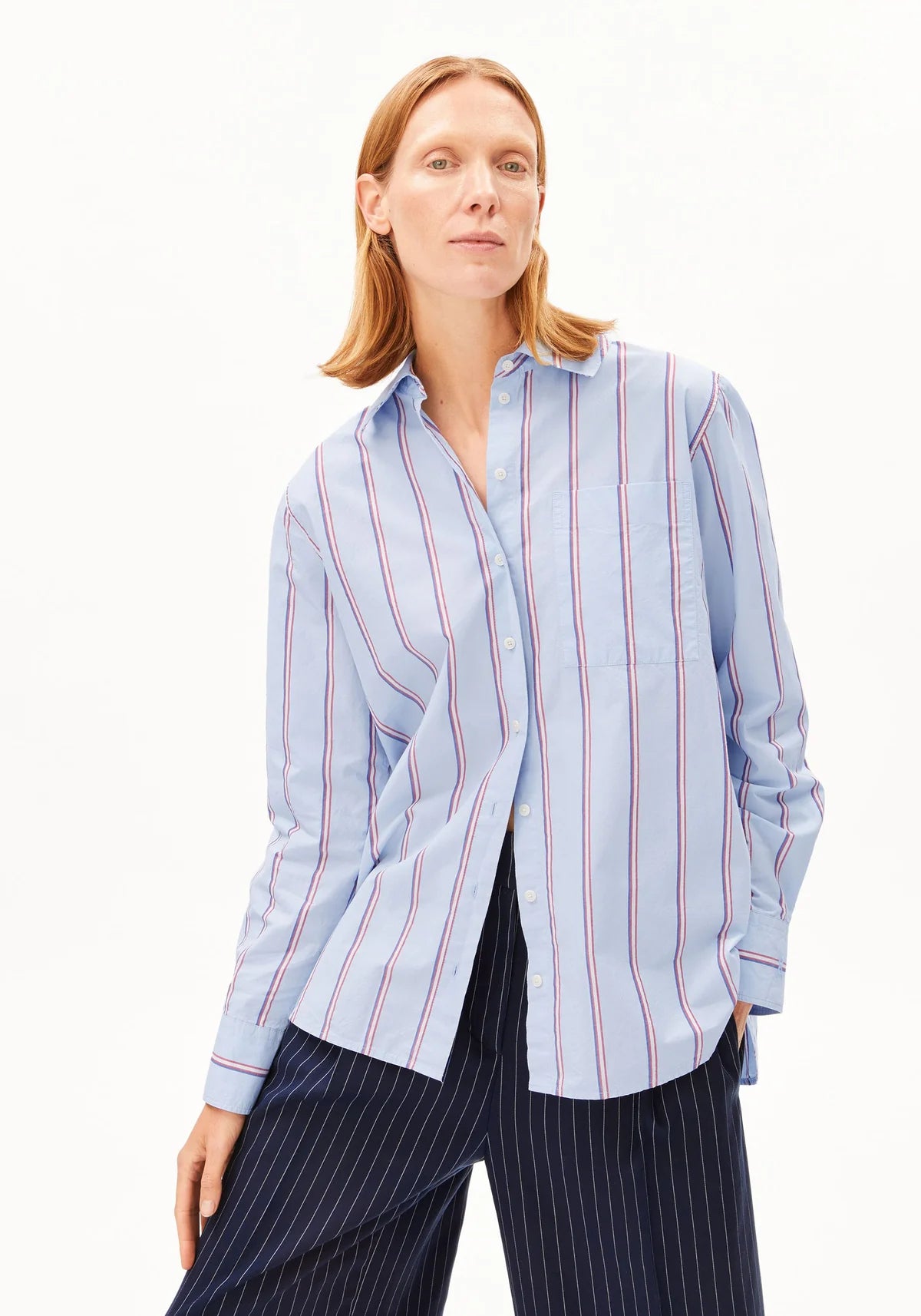 ArmedAngels - Stripe Loose Shirt Blouse in Morning Sky-Mars Red