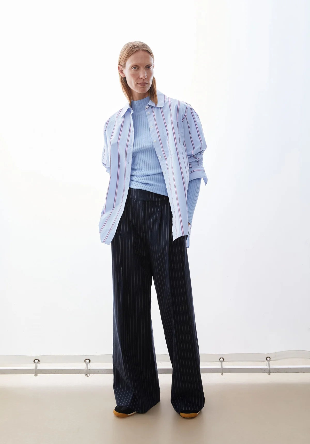 ArmedAngels - Stripe Loose Shirt Blouse in Morning Sky-Mars Red