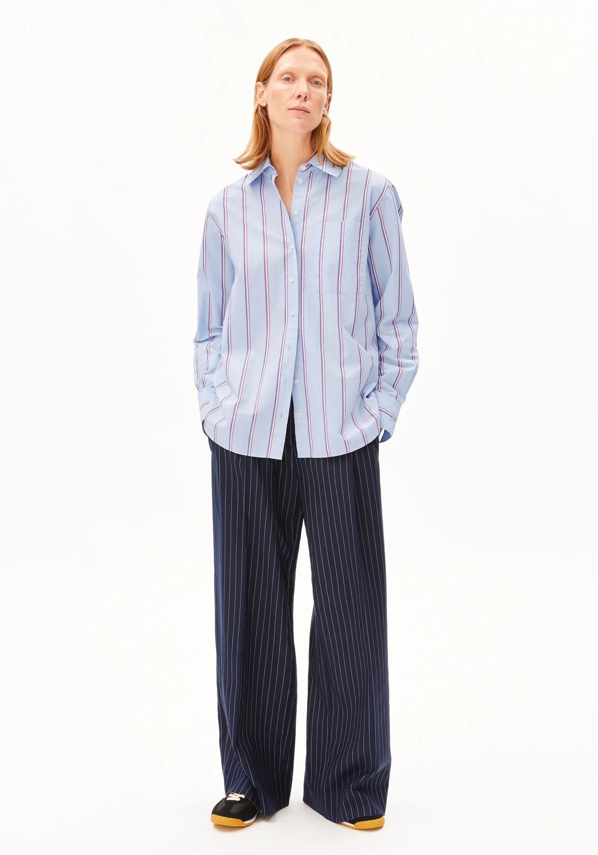 ArmedAngels - Stripe Loose Shirt Blouse in Morning Sky-Mars Red