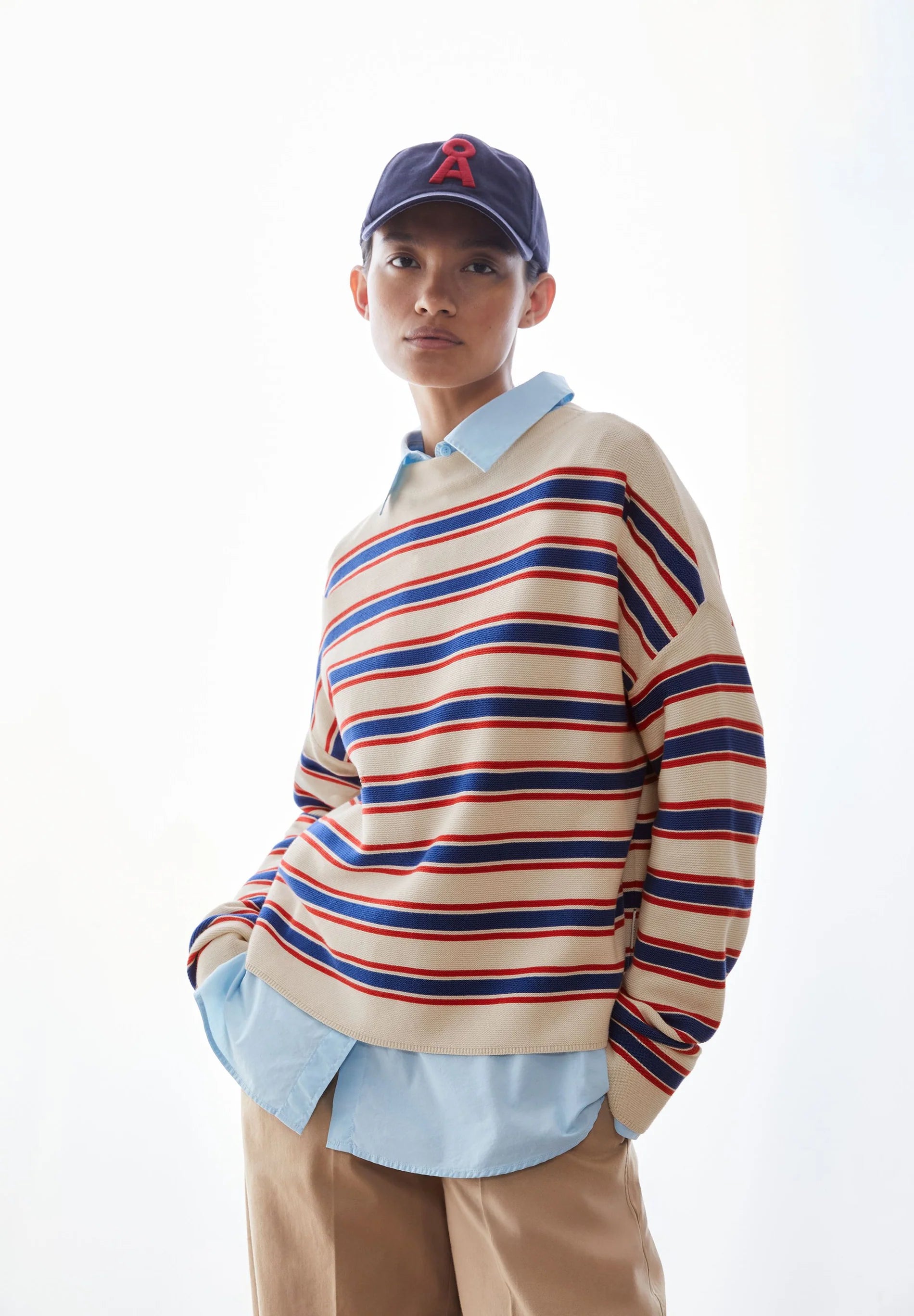 ArmedAngels - Merinaa Stripes Knit Sweater in Oatmilk-Mars Red-Dynamo Blue