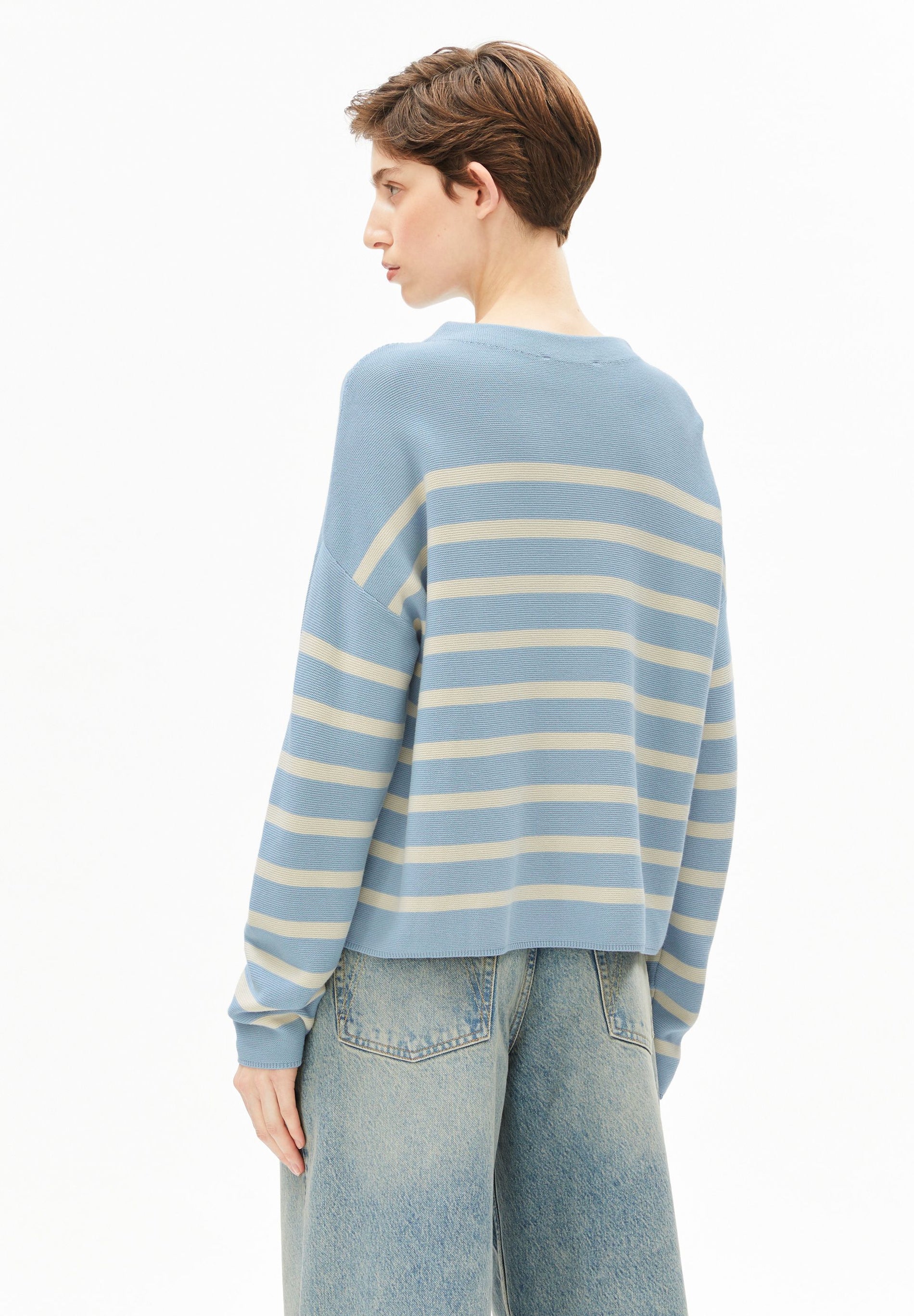 ArmedAngels - Merinaa Stripes Knit Sweater in Blue Glow-Oatmilk