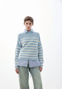 ArmedAngels - Merinaa Stripes Knit Sweater in Blue Glow-Oatmilk
