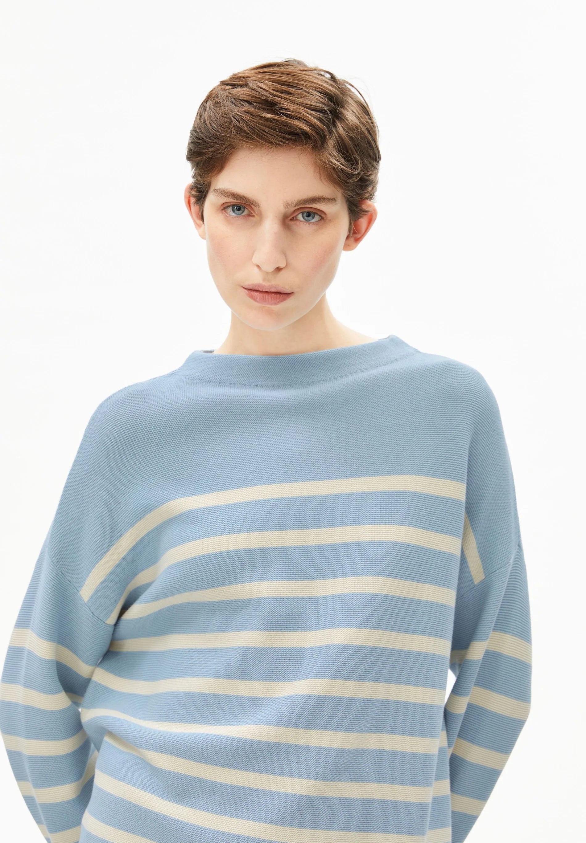 ArmedAngels - Merinaa Stripes Knit Sweater in Blue Glow-Oatmilk