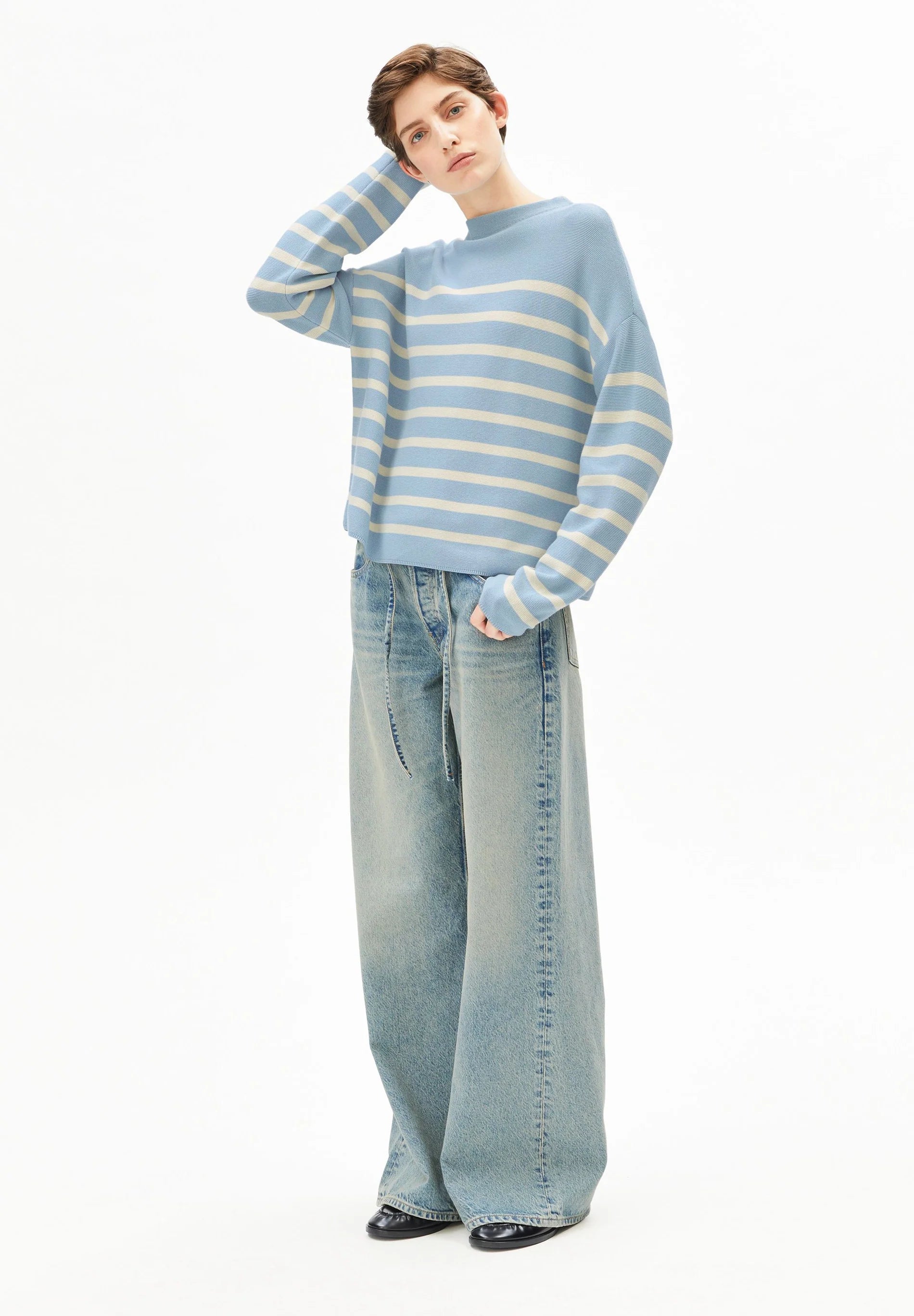 ArmedAngels - Merinaa Stripes Knit Sweater in Blue Glow-Oatmilk