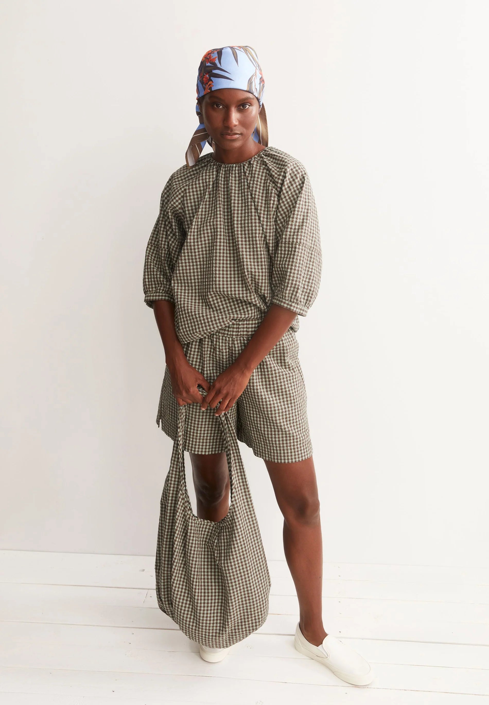 ArmedAngels - Vichy Seersucker Blouse in Foam-Dried Palm