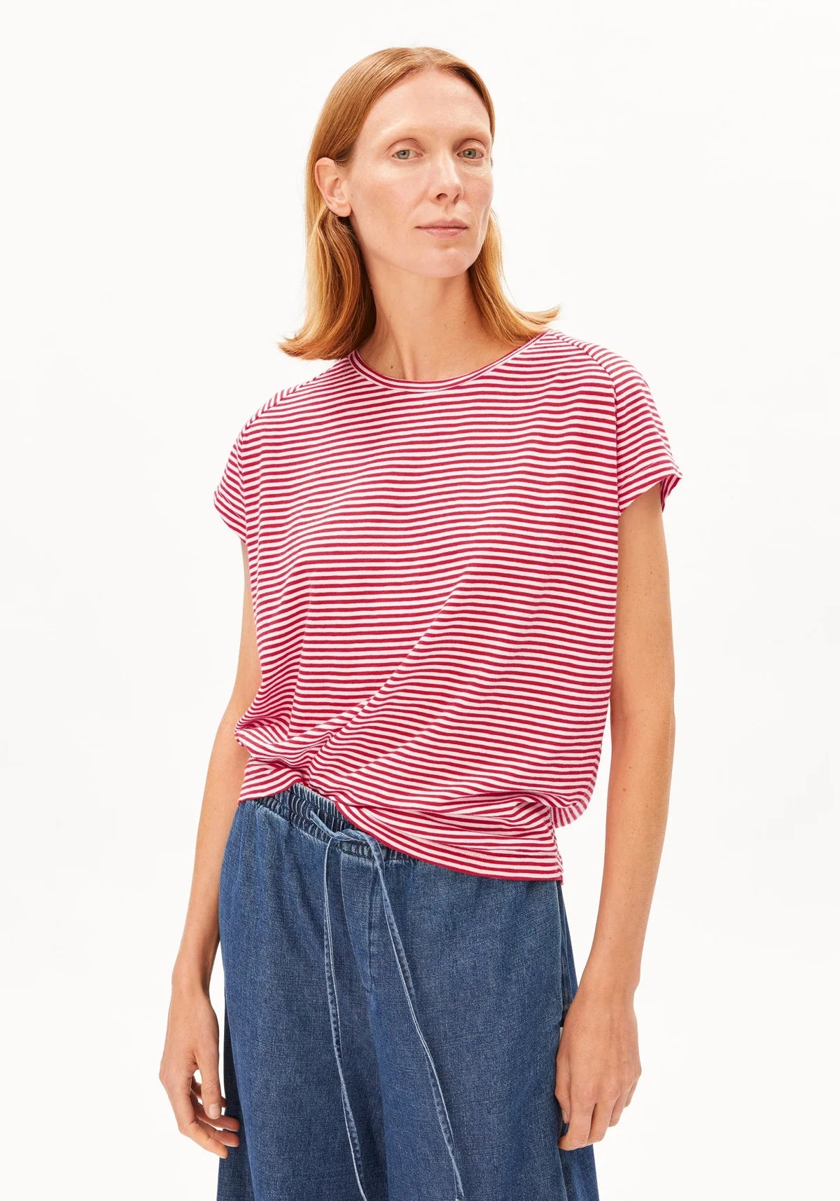 ArmedAngels - Slub Jersey Stripe T-Shirt in Pink Mist-Mars Red