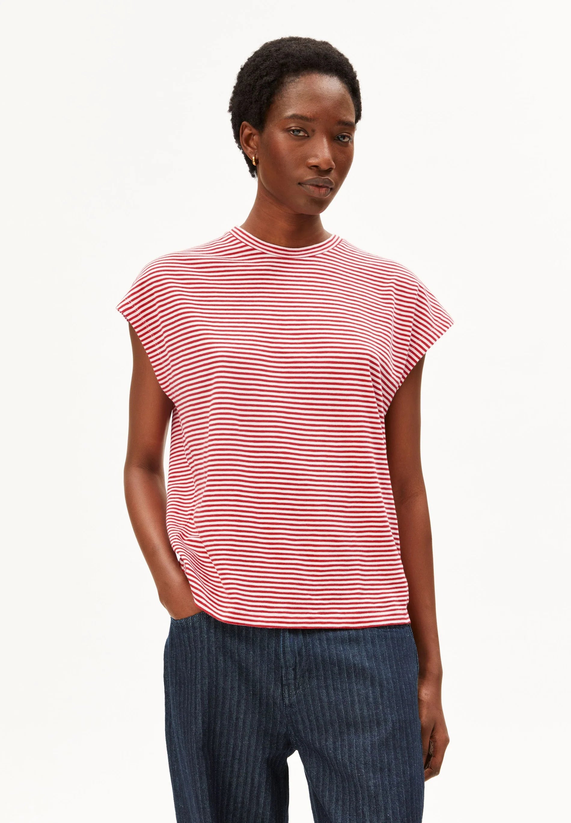 ArmedAngels - Slub Jersey Stripe T-Shirt in Pink Mist-Mars Red