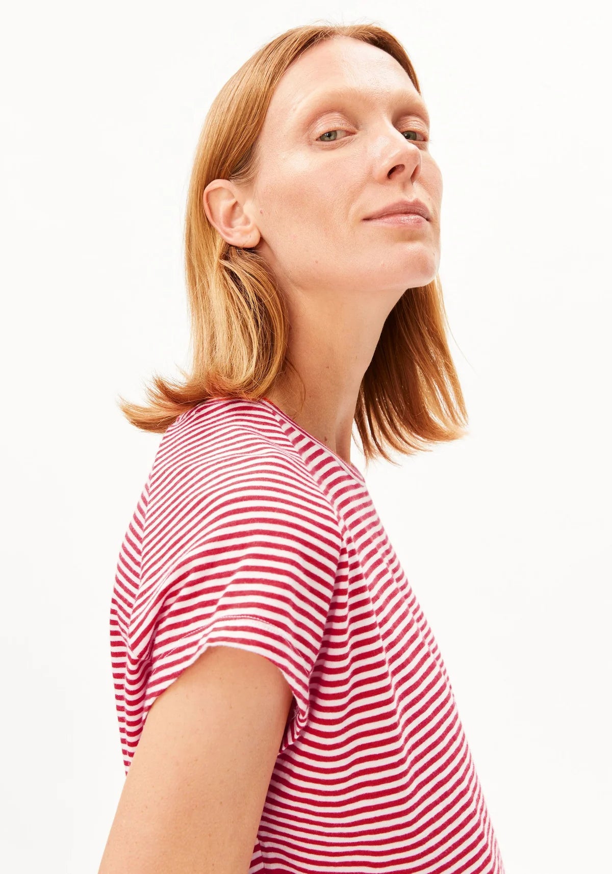 ArmedAngels - Slub Jersey Stripe T-Shirt in Pink Mist-Mars Red