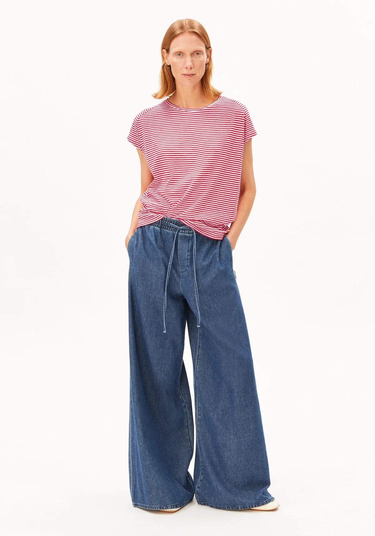 ArmedAngels - Slub Jersey Stripe T-Shirt in Pink Mist-Mars Red