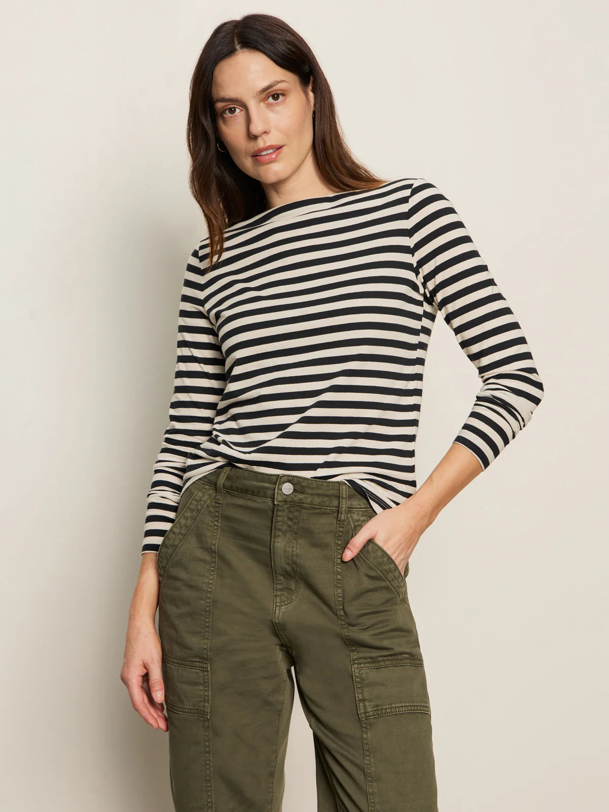 Sanctuary - Longsleeve Boatneck Tee in Light Oat/Black Stripe
