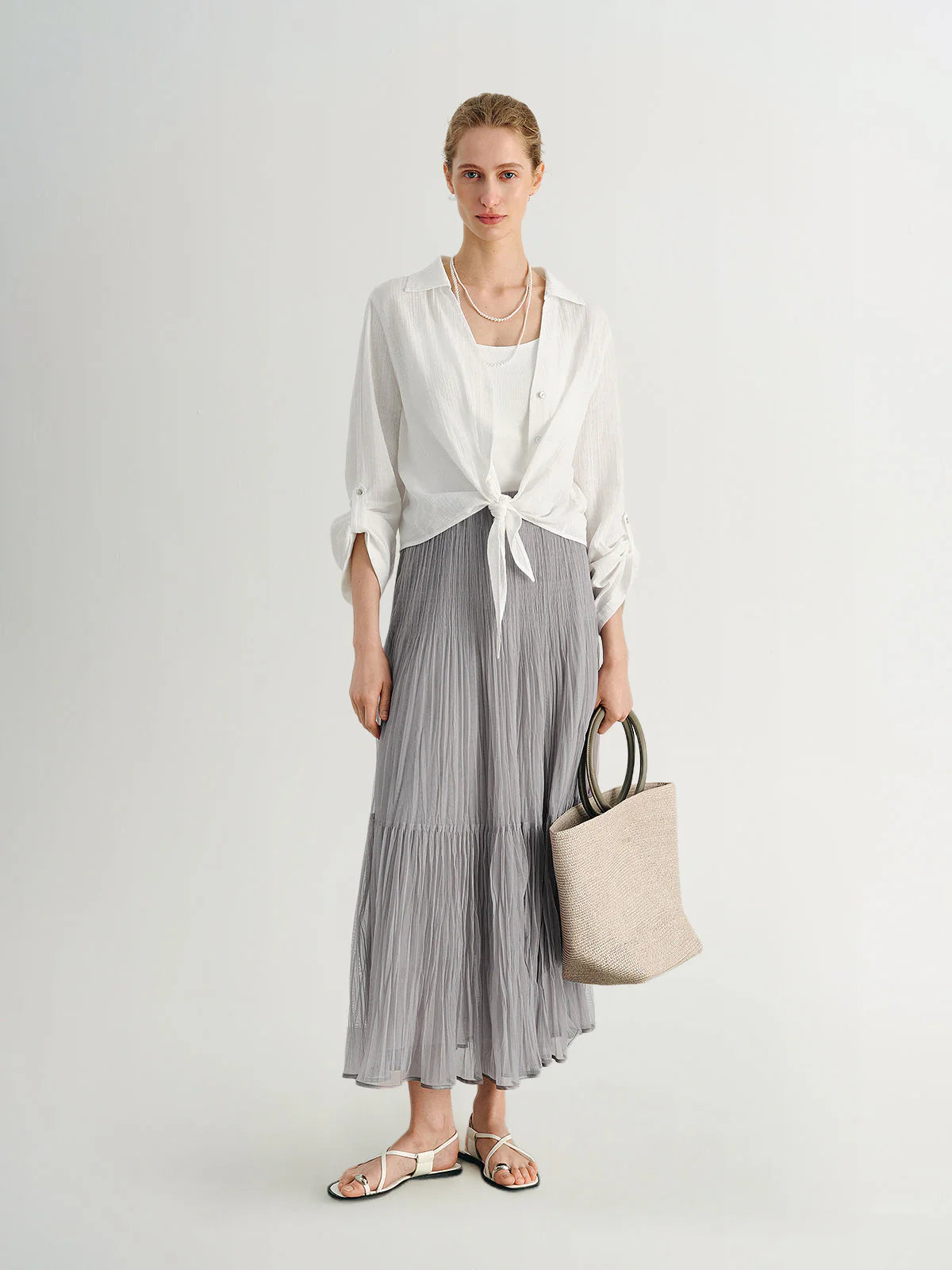 Meilleur Moment - Pleated Maxi Skirt in Light Gray